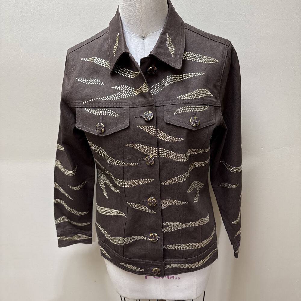 DG2 by Diane Gilman Brown Studded Denim Jacket Sz S Metallic Embellished